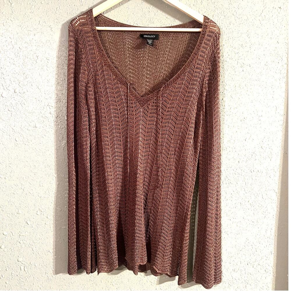 Vtg Ideology Womens Chocolate Brown Knit Sweater Beaded Colar Sheer Sz Lg mesh